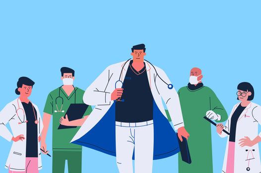 Illustration of Health care workers stand united in front of sky blue background to fight the novel Corona Virus (Covid-19) disease pandemic. Empty copy space. Concept Saving the World wearing capes