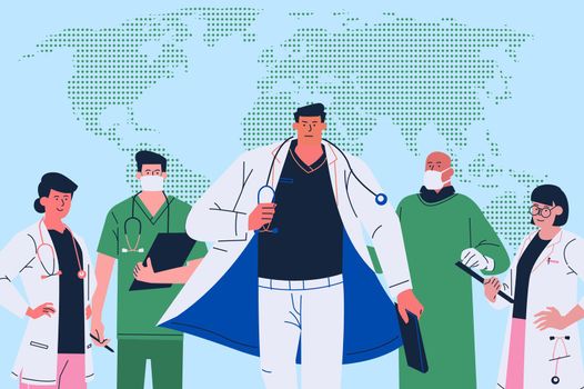 Illustration of Health care workers stand united in front of a green world map fight the novel Corona Virus (Covid-19) flu disease pandemic. Empty copy space. Concept Saving the World wearing capes