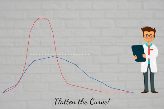 Illustration depicting a doctor holding a medical prescription and graph showing 2 curves depicting the spread of Coronavirus and suggesting to flatten the curve of spread.