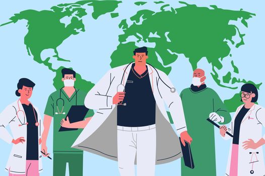 Illustration of Health care workers stand united in front of a green world map fight the novel Corona Virus (Covid-19) flu disease pandemic. Empty copy space. Concept Saving the World wearing capes