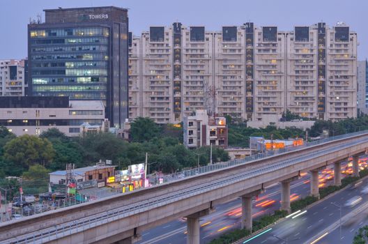 New Delhi, India, 2020. Aerial shot of Rapid metro tracks in urban areas of New Delhi NCR, Gurugram, Noida. A useful addition to existing DMRC rail network. DMRC is closing metro service due to covid-19