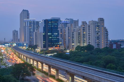 New Delhi, India, 2020. Aerial shot of Rapid metro tracks in urban areas of New Delhi NCR, Gurugram, Noida. A useful addition to existing DMRC rail network. DMRC is closing metro service due to covid-19