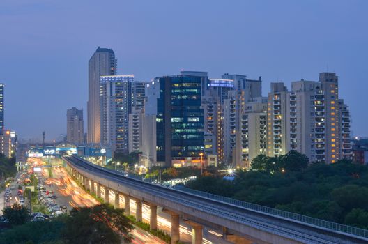 New Delhi, India, 2020. Aerial shot of Rapid metro tracks in urban areas of New Delhi NCR, Gurugram, Noida. A useful addition to existing DMRC rail network. DMRC is closing metro service due to covid-19