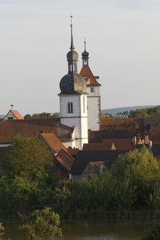 the city Prichsenstadt - Bavaria - Germany - City Tower and church - smalest city in Bavaria