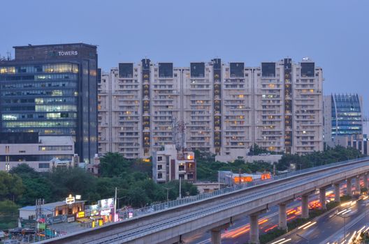 New Delhi, India, 2020. Aerial shot of Rapid metro tracks in urban areas of New Delhi NCR, Gurugram, Noida. A useful addition to existing DMRC rail network. DMRC is closing metro service due to covid-19