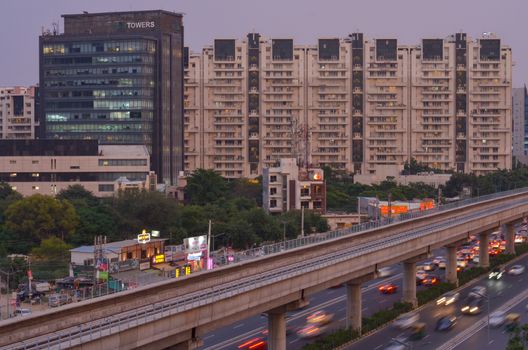 New Delhi, India, 2020. Aerial shot of Rapid metro tracks in urban areas of New Delhi NCR, Gurugram, Noida. A useful addition to existing DMRC rail network. DMRC is closing metro service due to covid-19