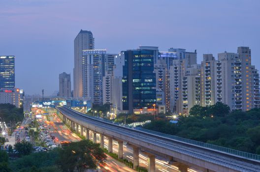 New Delhi, India, 2020. Aerial shot of Rapid metro tracks in urban areas of New Delhi NCR, Gurugram, Noida. A useful addition to existing DMRC rail network. DMRC is closing metro service due to covid-19