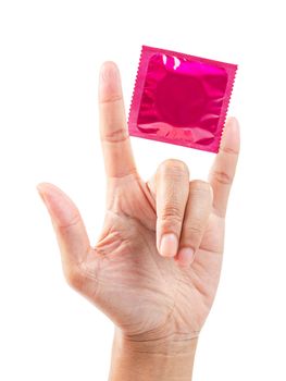 Hand showing pink condom isolated on white background, Save clipping path.