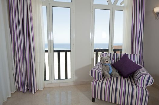 Interior design of a luxury apartment living room with a sea view