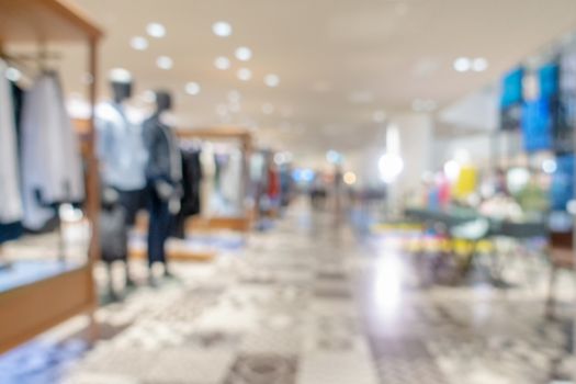 Abstract defocused with bokeh image of shopping mall and people walking for background usage.