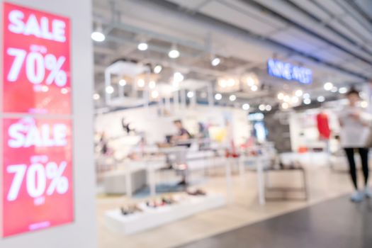 Abstract defocused with bokeh image of shopping mall and people walking for background usage.