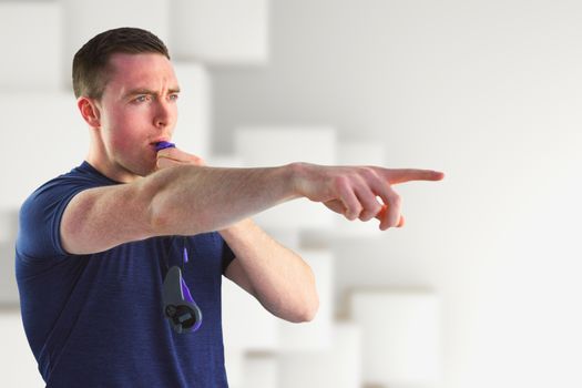 Trainer blowing whistle against abstract white design