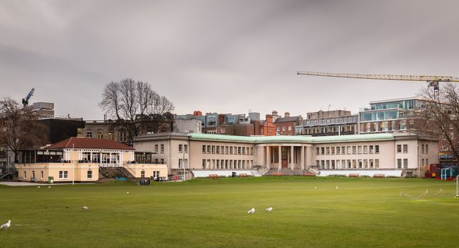 Dublin, Ireland - February 11, 2019: Architecture detail of Moyne Institute of Preventive Medicine in the city center on a winter day