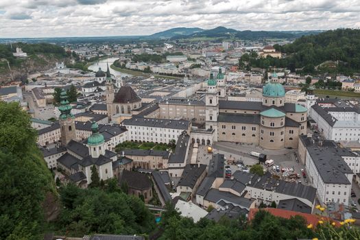 Top view of the historic district of Salzburg, Salzburg Cathedral in front, Austria, Europe