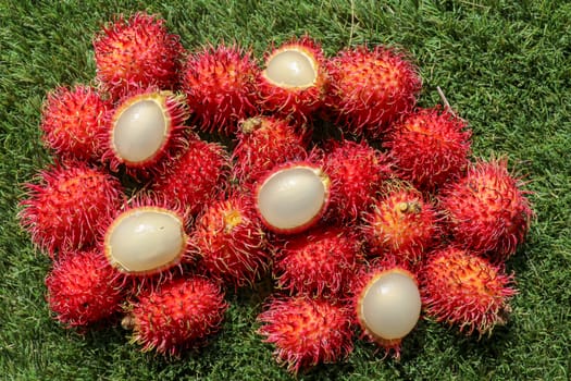 Close up of a Rambutan peeled. Top view healthy fruits on green lawn. Ready to eat sweet Bali fruit. Fruit is rounded oval single-seeded berry covered with fleshy pliable spinesSelected focus.