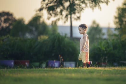 Happy child with dandelions in the countryside at springtime. Concepts of family, healthy lifestyles and happiness.