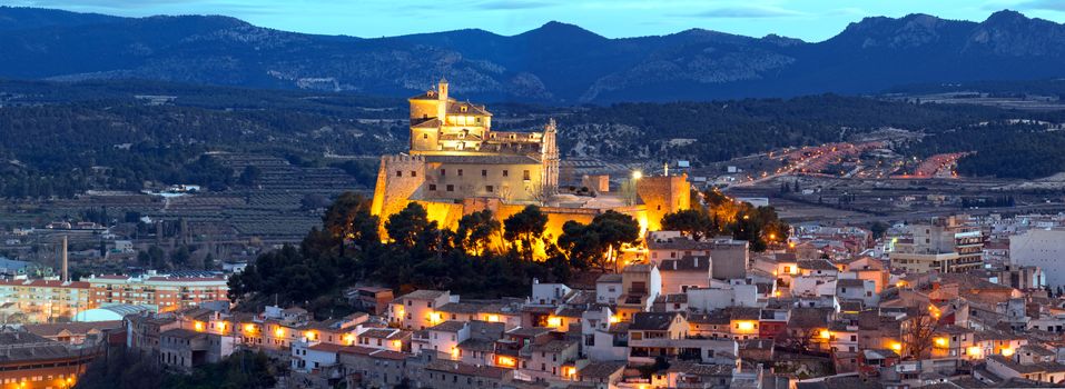 Panorama of Caravaca De La Cruz cityscape and castle, Pilgrimage site near Murcia, in Spain. One of the 5 holy cities in the world.
