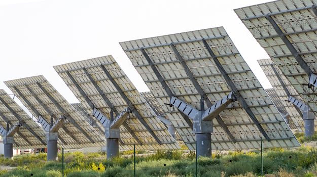 Back side of a solar panel, photovoltaic, alternative electricity source - concept of sustainable resources in Spain.