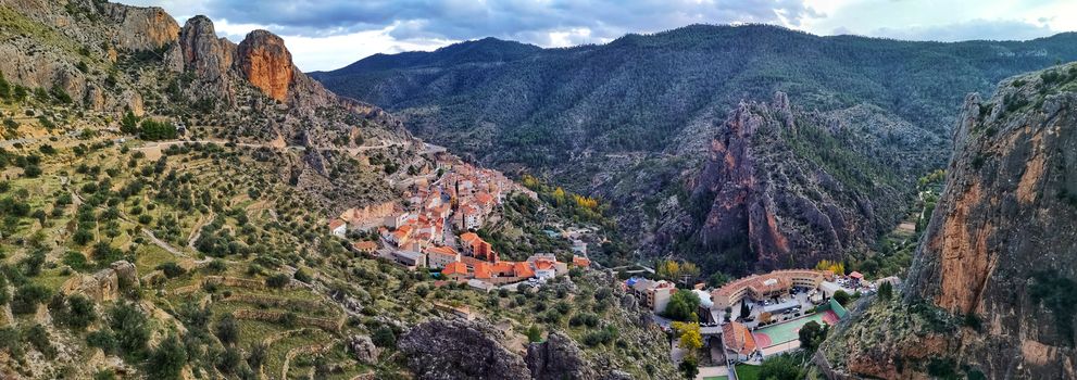 Panoramic view of Ayna, population of the Sierra del Segura in Albacete Spain. Village located between the mountains and the river world that makes an orchard for this fertile area.