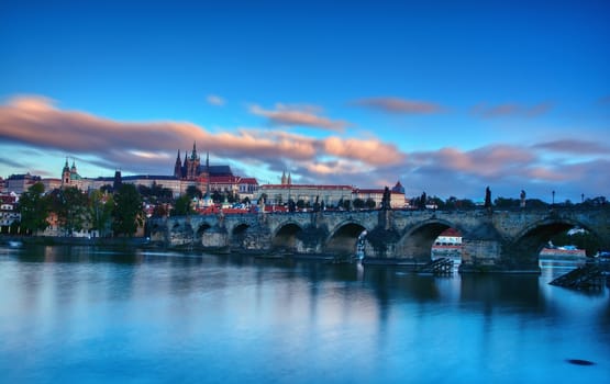 Panorama Prague castle and the Charles bridge at dusk,Czech Republic.