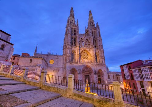 Night view of Burgos Cathedral in Spain.