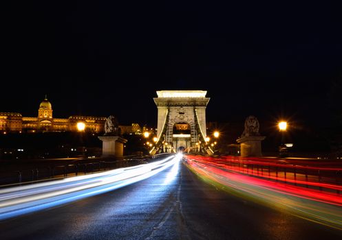 Traffic on Szchenyi Chain bridge over Danube river, Budapest city, Hungary.