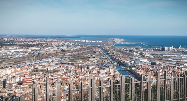 Sete, France - January 4, 2019: Aerial view of historic city center and harbor a winter day