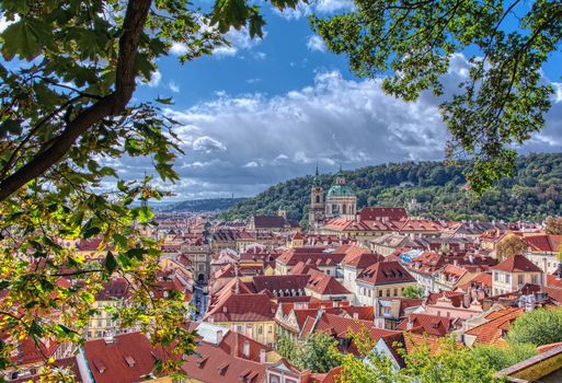 Cityscape view on the lesser town with saint Nicholas church in Prague city