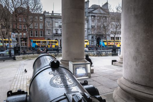 Dublin, Ireland - February 11, 2019: Architecture detail of Bank of Ireland in the city center on a winter day