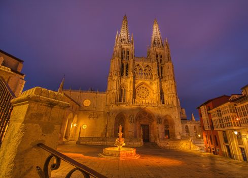 Night view of Burgos Cathedral in Spain.