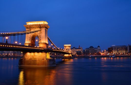 Szechenyi Chain bridge over Danube river, Budapest city, Hungary.