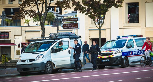 Versailles, France - October 9, 2017: French police control in the city center on a fall day.