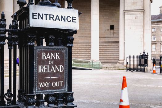 Dublin, Ireland - February 11, 2019: Architecture detail of Bank of Ireland in the city center on a winter day