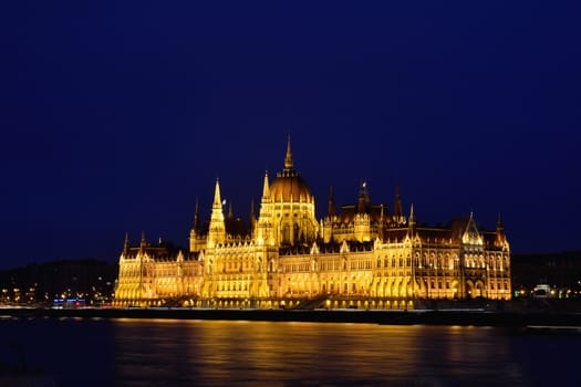 Panorama view of the famous Hungarian Parliament across the river Danube, Budapest.