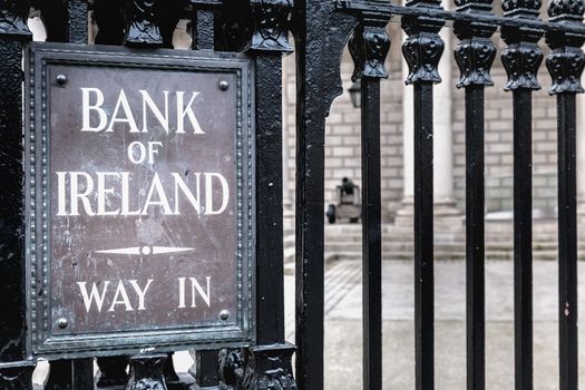 Architecture detail of Bank of Ireland in the city center on a winter day