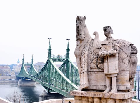 Liberty Bridge and statue of St Stephen I, Budapest, Hungary.