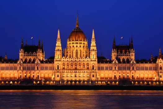 Panorama view of the famous Hungarian Parliament across the river Danube, Budapest.