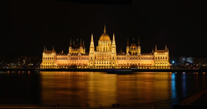 Panorama view of the famous Hungarian Parliament across the river Danube, Budapest.