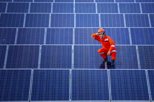 Engineers are checking the solar panel for maintenance. And clean the solar panel is always available.