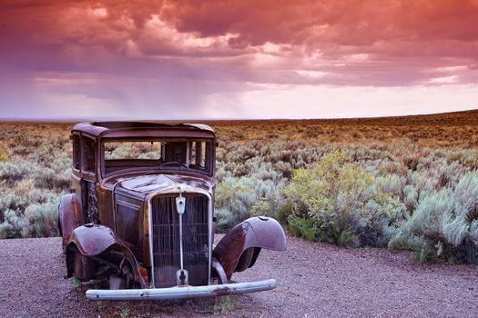 Arizona, Usa - July 22, 2017: Abandoned car near the entrance to the Painted desert, Arizona.