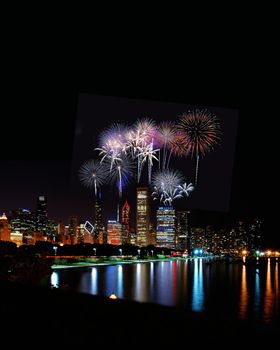 Chicago night skyline across Lake Michigan with fireworks.