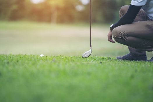 Golf player check line for putting golf ball on green grass. Golf player crouching and study the green before putting shot