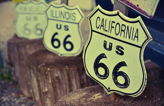 View of the route 66 decorations in the city of Seligman in Arizona.