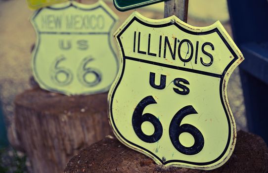 View of the route 66 decorations in the city of Seligman in Arizona.