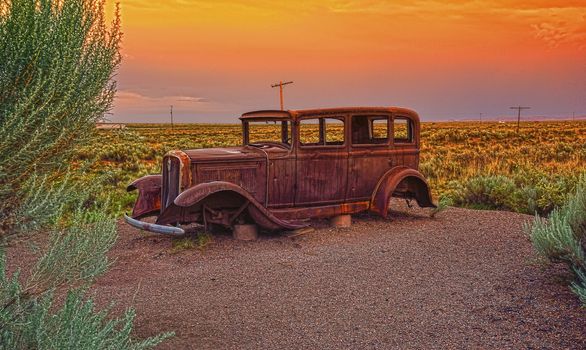 Arizona, Usa - July 22, 2017: Abandoned car near the entrance to the Painted desert, Arizona.