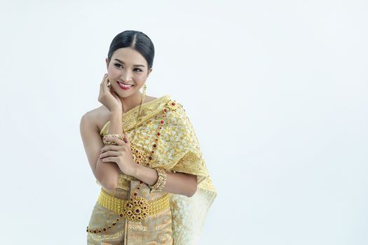 Beautiful Thai girl in traditional costume identity culture of thailand and has a beautiful smile that is a national identity