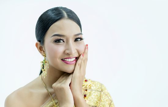 Beautiful Thai girl in traditional costume identity culture of thailand and has a beautiful smile that is a national identity