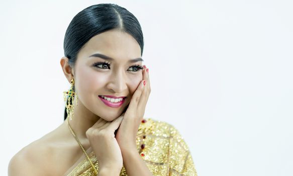 Beautiful Thai girl in traditional costume identity culture of thailand and has a beautiful smile that is a national identity