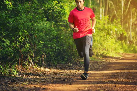 Handsome young man runs for good health on a rural road that is full of forests and beautiful nature.