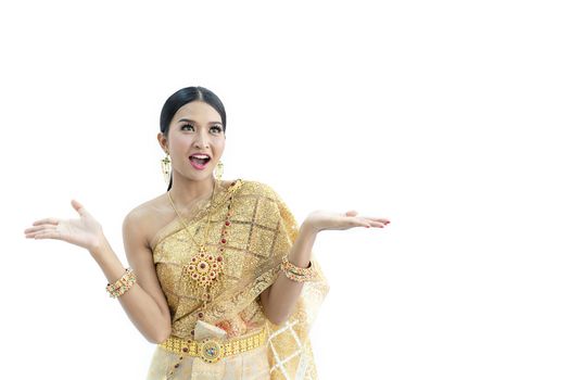 Beautiful Thai women wearing traditional Thai clothes that have a unique Thai culture. Happy asian woman with blank copyspace, isolated on white background